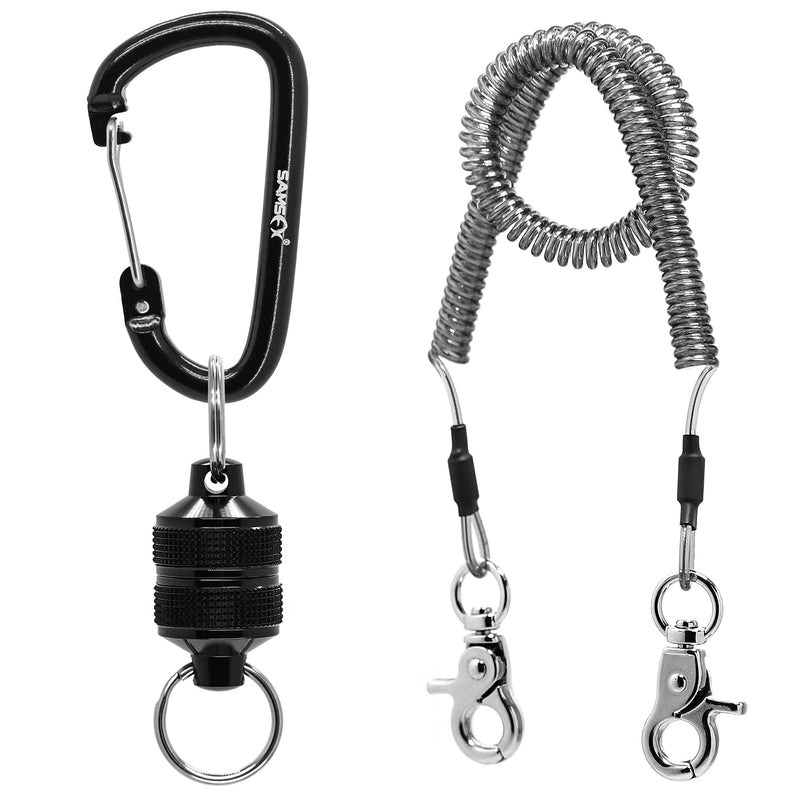 SAMSFX Fishing Strongest Magnetic Net Release Magnet Clip Holder Retractor with Coiled Lanyard Textured Grip Magnet, Black - BeesActive Australia