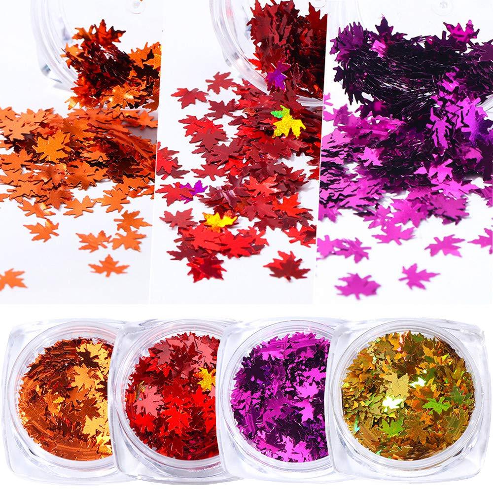 4 Colors Fall Nail Art Glitter Flakes Maple Leaf Nail Sticker Sequins Gradient Holographic Laser Autumn Leaves Nail Confetti for Women Nails Art Supplies Decorations Manicure Tips Decor Accessories - BeesActive Australia