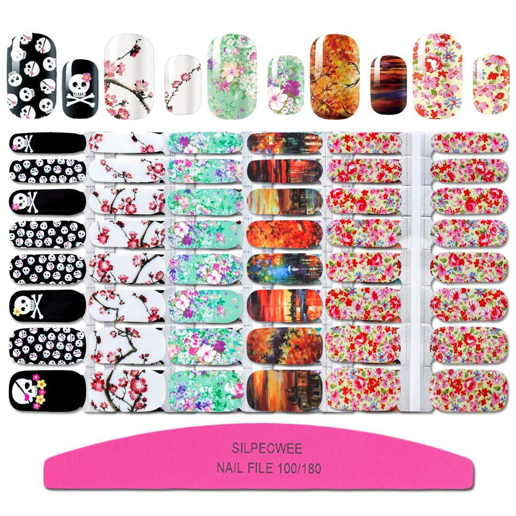 SILPECWEE 5 Sheets Flower Nail Polish Wraps Strips Tips With 1Pc Nail File Self-Adhesive Nail Art Stickers Decals Manicure Kit NO1 - BeesActive Australia