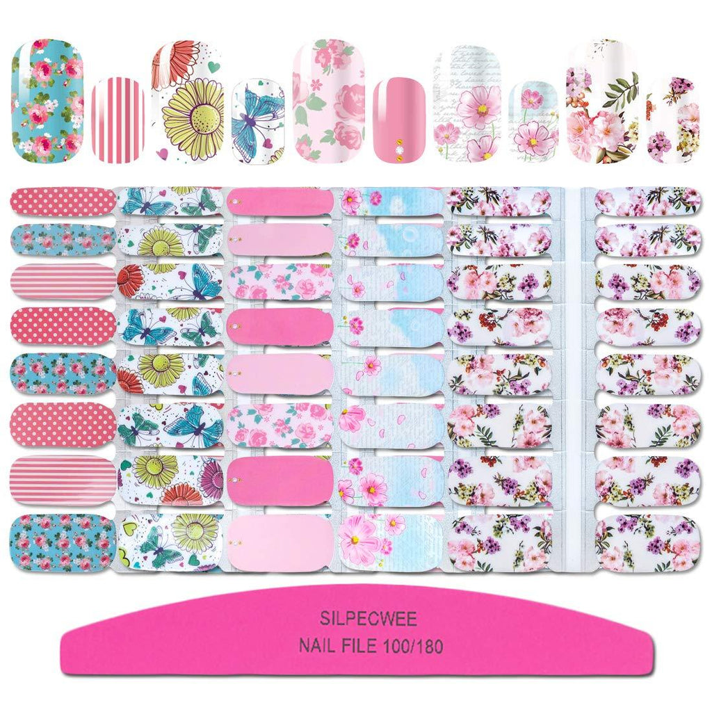 SILPECWEE 5 Sheets Adhesive Nail Art Stickers Decals With Tips 1Pc Nail File Flower Nail Polish Wraps Strips Manicure Kit NO2 - BeesActive Australia