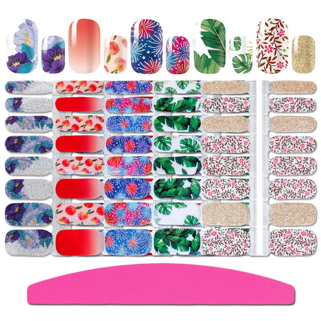 SILPECWEE 5 Sheets Adhesive Nail Polish Stickers Strips with 1Pc Nail File Flower Design Full Wraps Nail Art Decals Manicure Accessories NO1 - BeesActive Australia