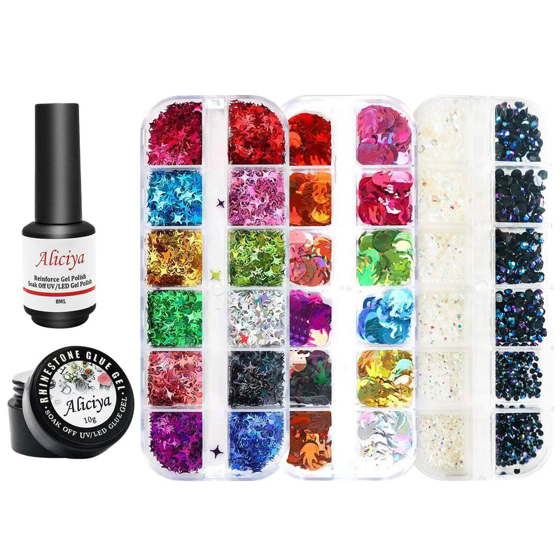 Aliciya 3D Nail Art Decoration Kits with Nail Strengthener Reinforce Gel Polish, Nail Builder Gel and 36 Styles Star & Circle Nail Gems Nail Decors Nail Flakes, Nail Rhinestone,Glitter, Nail Dryer - BeesActive Australia