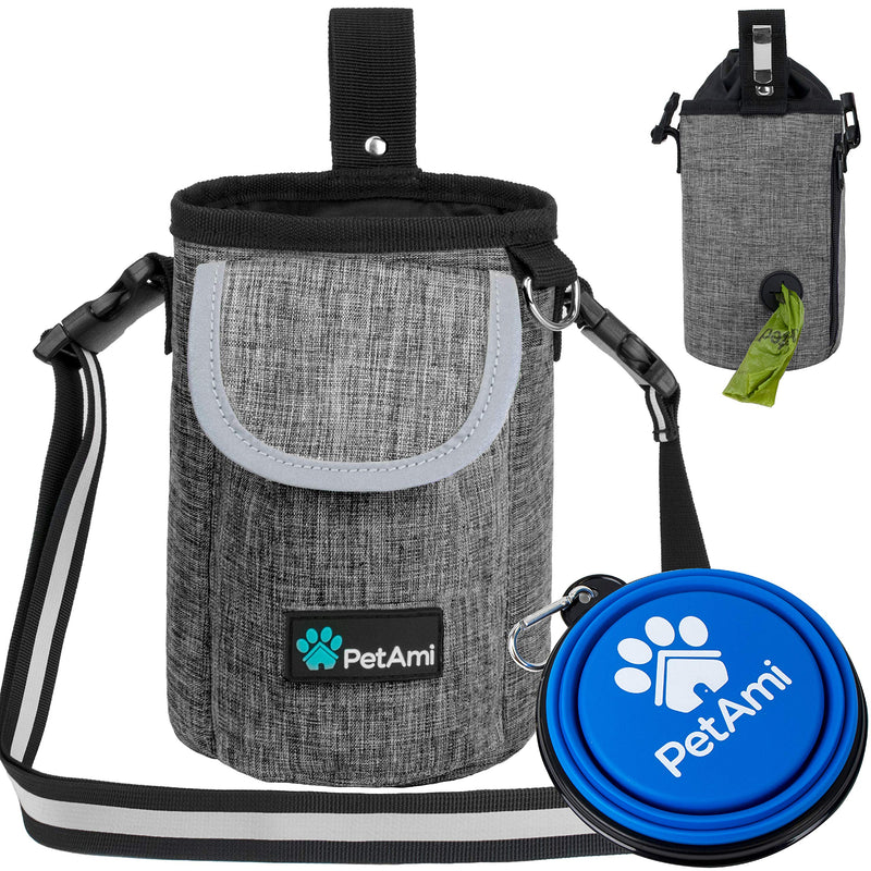 PetAmi Dog Treat Pouch with Large Front Pocket | Dog Training Pouch Bag with Waist Shoulder Strap, Poop Bag Dispenser, Collapsible Bowl | Training Bag for Kibbles, Pet Toys | 3 Ways to Wear Heather Grey - BeesActive Australia