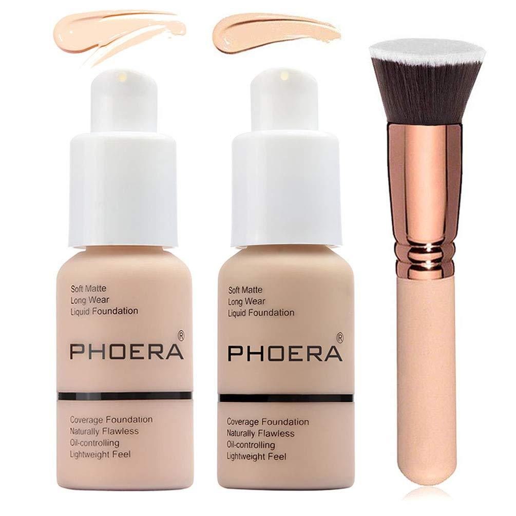 2 Colors Phoera Foundation 101 & 102 Full Coverage Foundation Liquid Makeup with Foundation Brush, Matte Oil Control Facial Blemish Concealer Foundation for Women (101#Porcelain&102#Nude) 101#Porcelain&102#Nude - BeesActive Australia