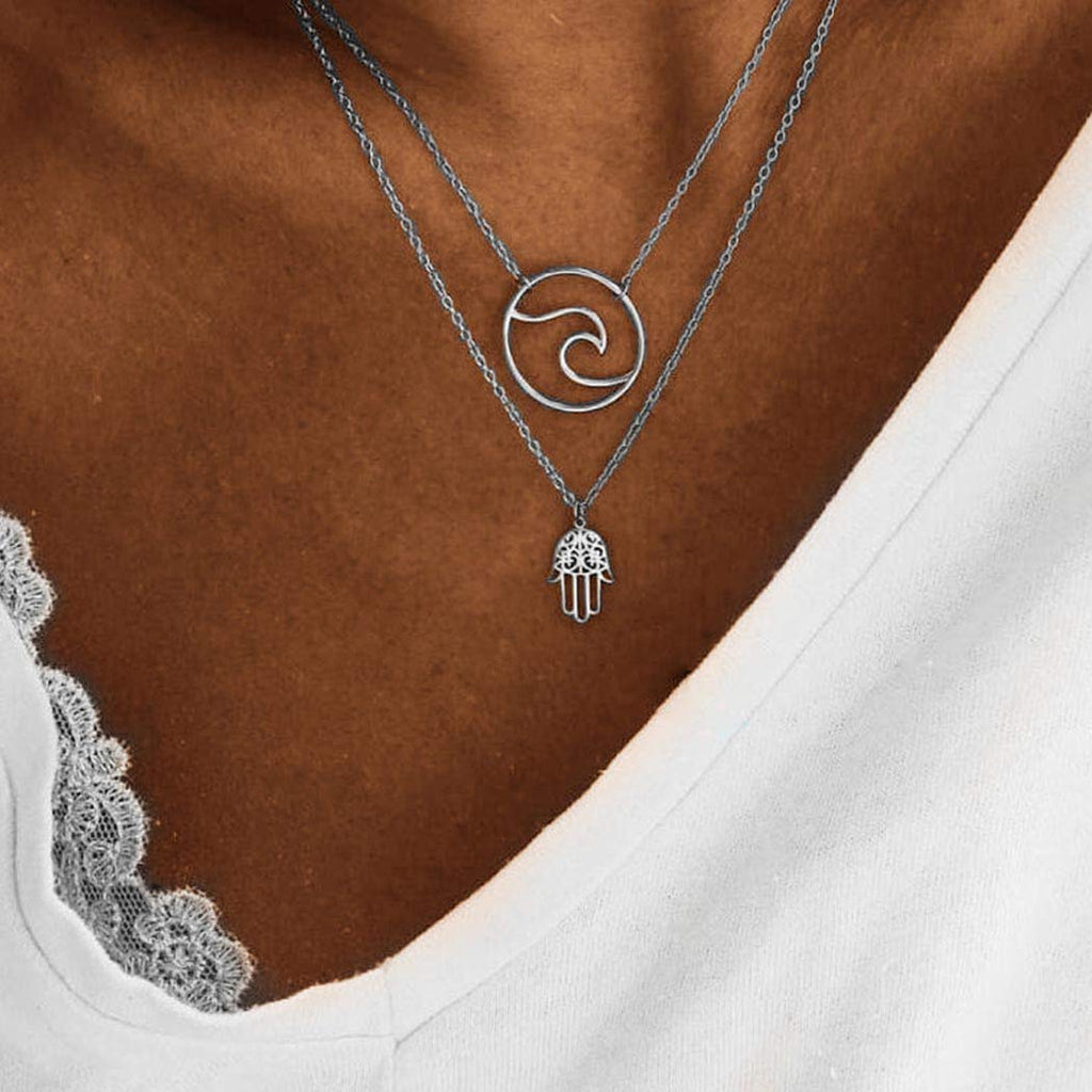 Easedaily Boho Layered Necklaces Silver Pendant Double Short Necklace Chain for Women and Girls - BeesActive Australia