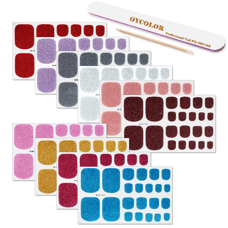 DANNEASY 10 Sheets Adhesive Toe Nail Polish Wraps Strips Glitter Solid Color Nail Art Stickers Decals Manicure Kit 1Pc Nail File + Wood Cuticle Stick kit 2 - BeesActive Australia