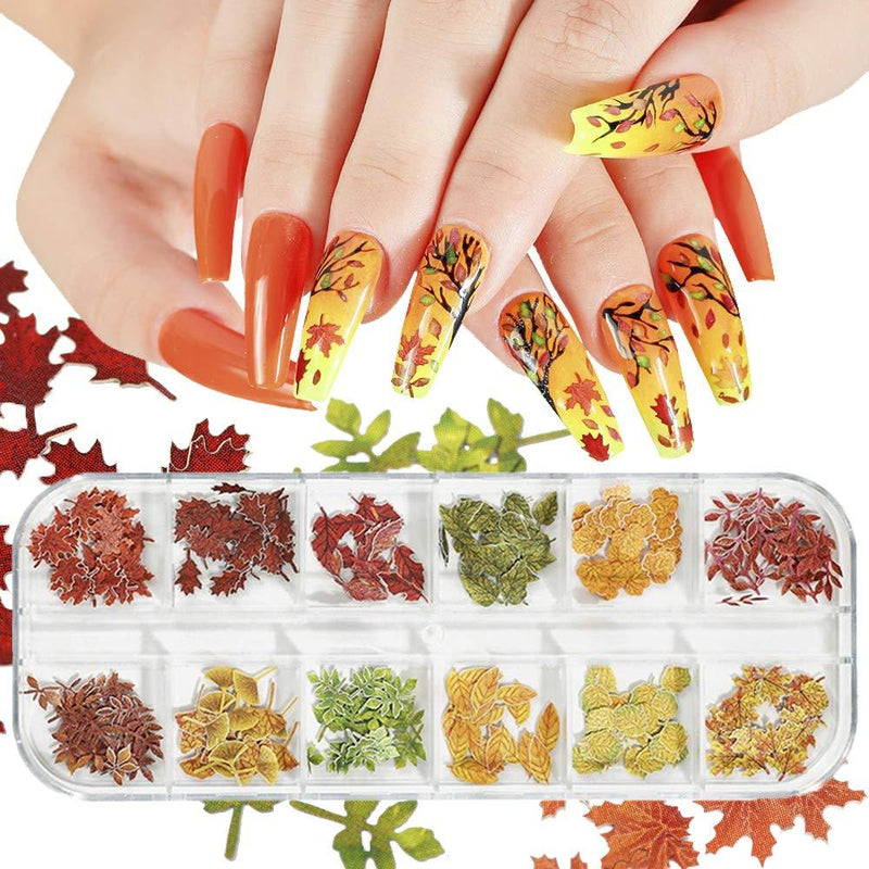 Fall Nail Art Stickers Fall Leaves Nail Art Decals 3D Mixed Color Nail Art Supplies Maple Sycamore Ginkgo Leaves Autumn Trend Fall Glitter Nail Sequins DIY Manicure Applique Nail Decoration 12 Grids - BeesActive Australia