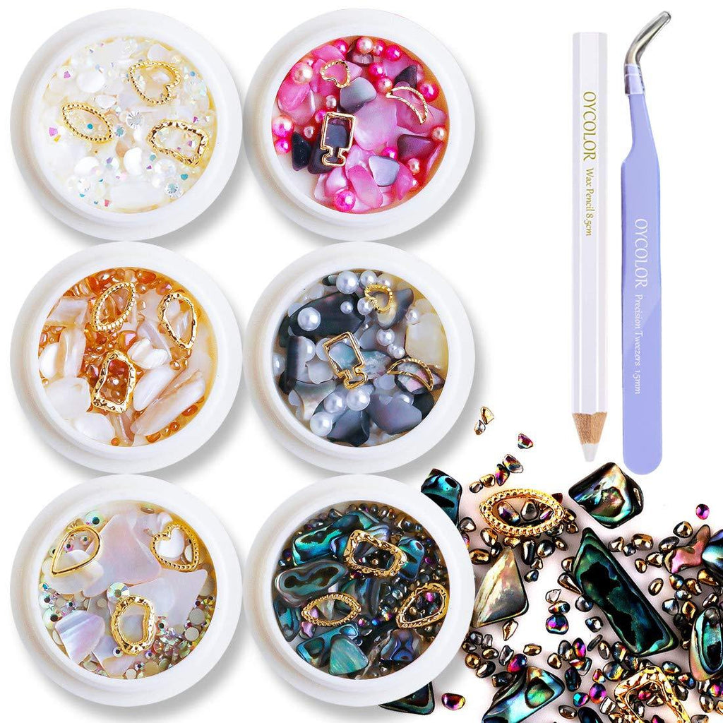 DANNEASY 6 Boxes 3D Nail Art Decoration Kit Mix-Color Nail Shell Gem Pearls Flat-Back Rhinestone Hollow Charm Manicure Accessories With 1Pc Curved Tweezers And Wax Pen Kit 2 - BeesActive Australia