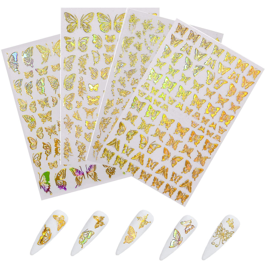 4 Sheets DIY Nail Art Adhesive Sticker Decals, Metallic Gold and Silver Butterfly Design Nail Art Decorations, Manicure DIY Nail Decals (Gold) - BeesActive Australia