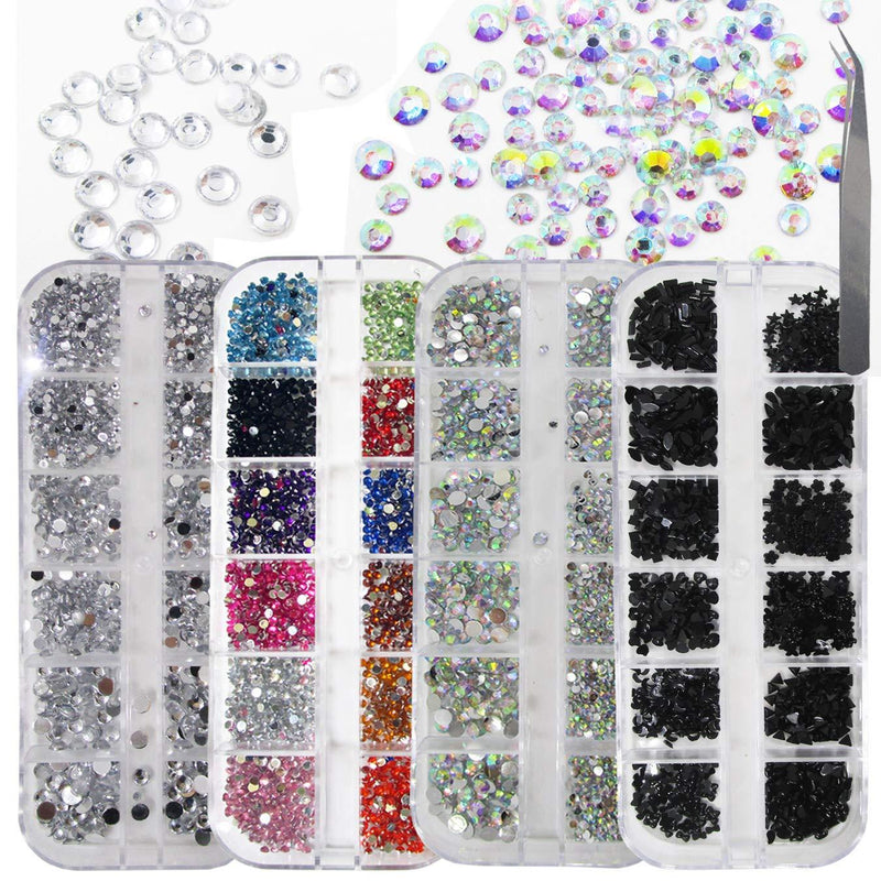 4 Boxes 3D Nail Art Rhinestones Beads Decorations Kit Mixed AB Clear Black Crystal Flatback Glass Gems Stones Manicure Tips Art Crafts Jewels Supplies - BeesActive Australia