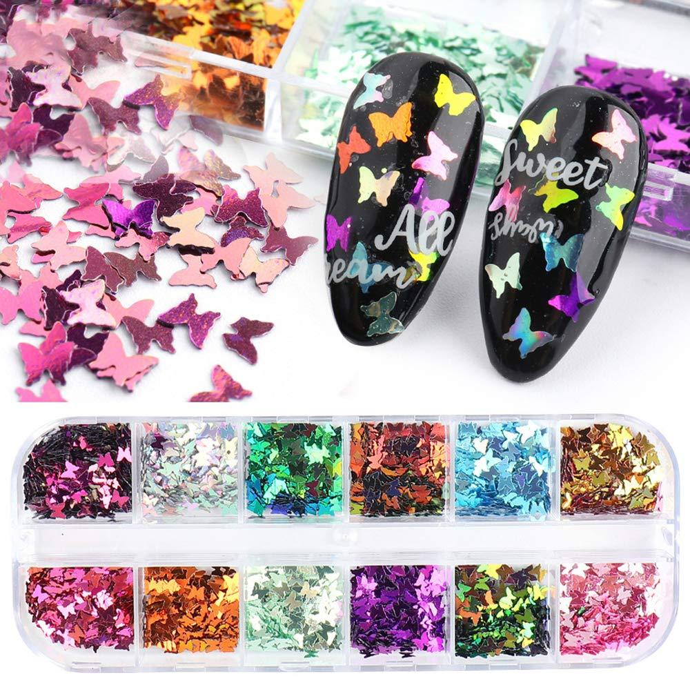 Nail Art Glitter Sequins Butterfly 12 Colors Holographic Nail Art Tips Charms Butterfly Design Manicure for Nail Art Decoration Acrylic Nails for Women Girl - BeesActive Australia