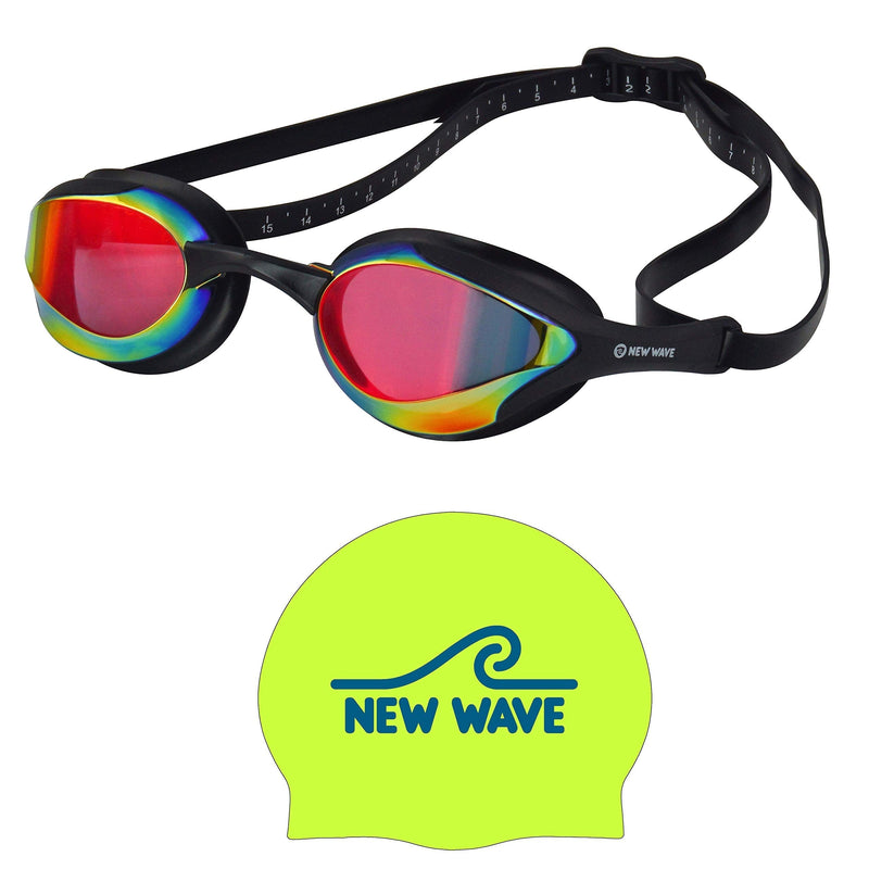 New Wave Fusion Swim Goggles Bonfire and Fluo Green Cap Bundle - BeesActive Australia