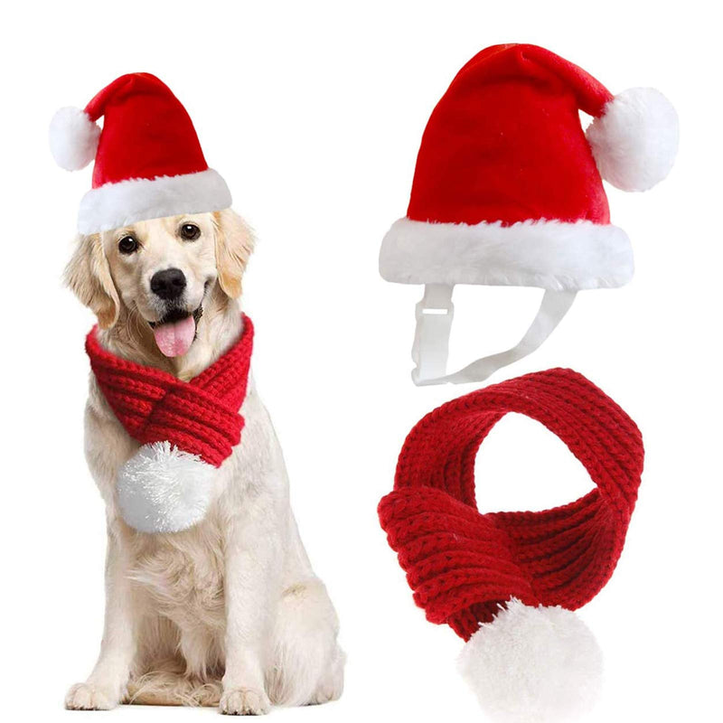 Inscape Data Christmas Dog Santa Hat with Scarf, Adjustable Santa Hat for Dog and Xmas Pet Knit Red Scarf with White Pompom Ball, Dog Winter Neck Warmer Scarf, Christmas Party Dressup L - BeesActive Australia