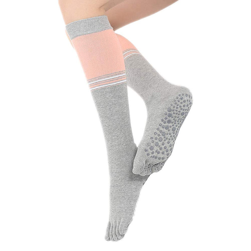 Yoga Socks for Women Non Skid Thigh Highs Knee High Pilates Ballet Dance Toeless and Five Toes Long Calf Socks Striped Light Grey - BeesActive Australia