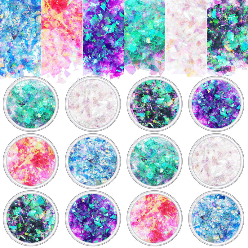 Mermaid Nail Sequins Holographic Glitters Chunky Iridescent Flakes Colorful Fluorescent Glass Paper Iridescent Flakes Sticker for Face Eyes Body Hair Nail Art Decoration (12) 12 - BeesActive Australia