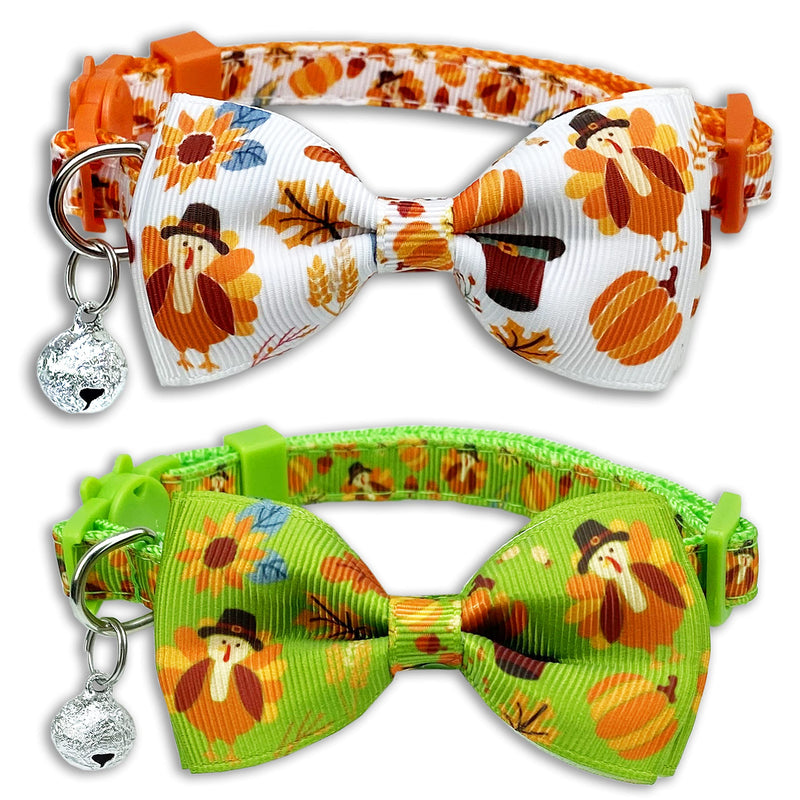 Pohshido 2 Pack Thanksgiving Cat Collar with Removable Bow Tie and Bell, Holiday Safety Breakaway Kitty Kitten Collar with Turkey and Pumpkin Spice Pattern(Adjustable Size from 7.8-12.8 inch) Pattern C - BeesActive Australia
