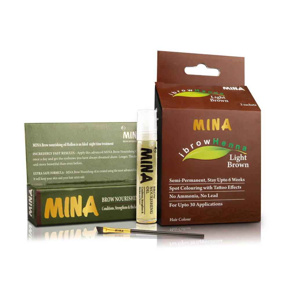 MINA ibrow Henna Light Brown Professional Tint Kit With Nourishing Oil & Brush Combo Pack | No Ammonia | Vegan & Cruelty free | Upto 30 Applications - BeesActive Australia