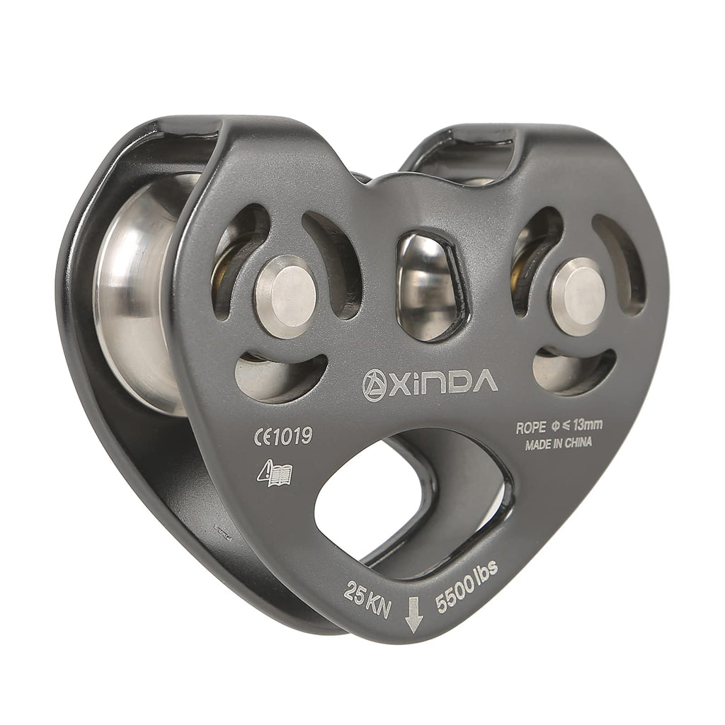 XINDA 25kN Double Pulley - Tandem Speed Dual Pulley with Ball Bearing CE UIAA Certified, Climbing Pulley for Rescue, Lifting, Zipline Gray - BeesActive Australia