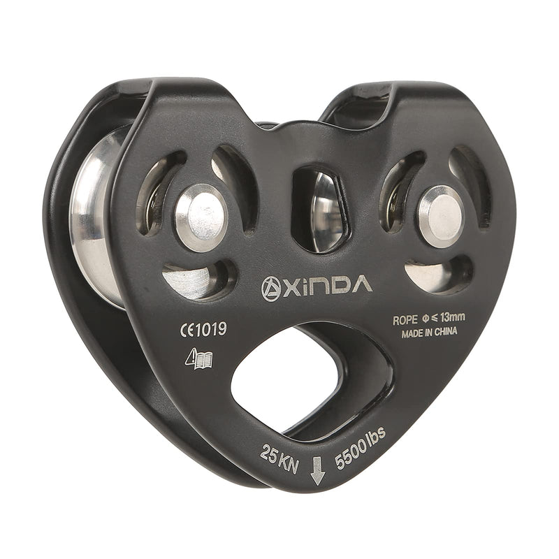 XINDA 25kN Double Pulley - Tandem Speed Dual Pulley with Ball Bearing CE UIAA Certified, Climbing Pulley for Rescue, Lifting, Zipline Black - BeesActive Australia