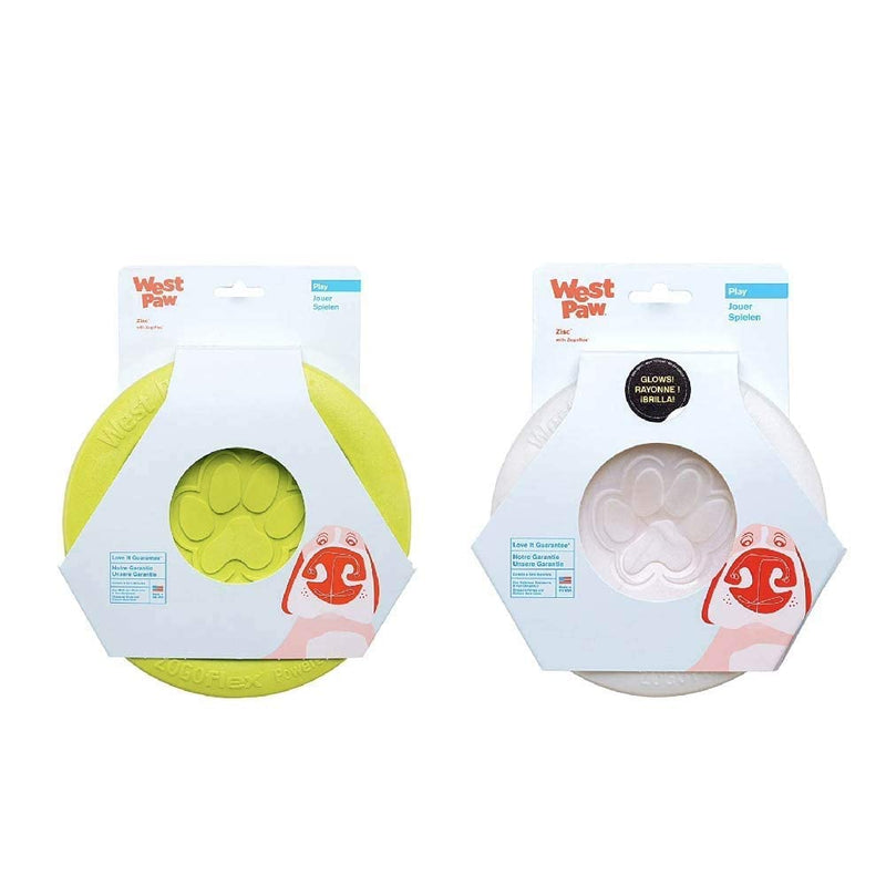 West Paw 2 Zogoflex Zisc Dog Frisbees (Small, Glow and Large, Granny Smith) – Lightweight, Floatable Dog Frisbees for Fetch, Tug of War, Catch, Play – Doubles as Food/Water Bowl - BeesActive Australia