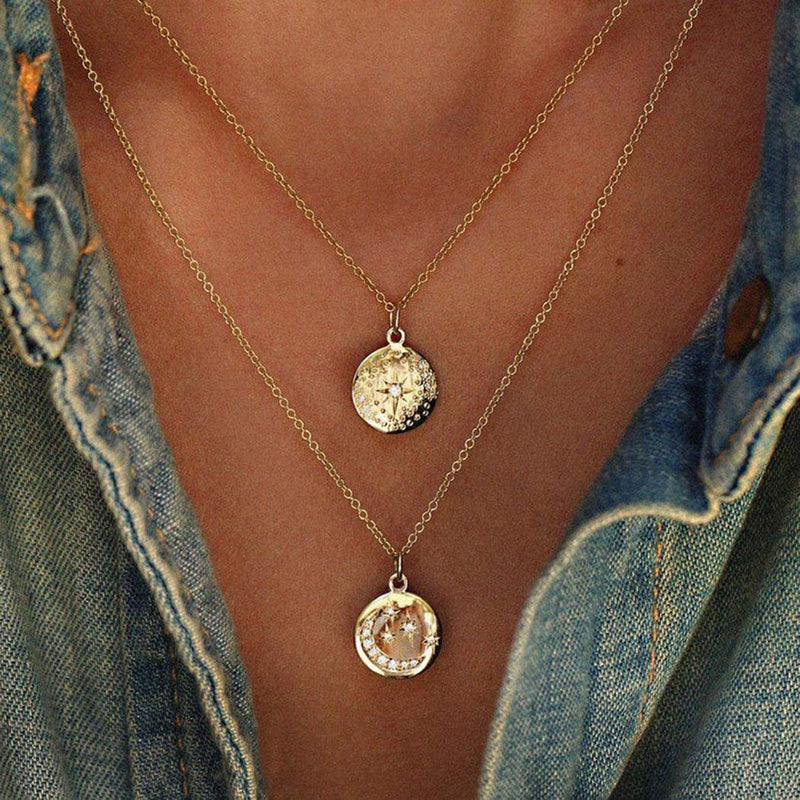 TseanYi Medallion Sun Pendant Necklace Layering Gold Coin Disc Necklace Chain CZ Moon Charm Chain Necklace Boho Jewelry for Women and Girls - BeesActive Australia