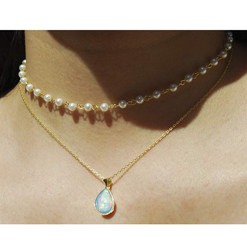 Zehory Boho Rhinestone Layered Necklace Gold Pearl Necklaces Crystal Teardrop Pendant Necklace Chain for Women and Girls (Blue) Blue - BeesActive Australia