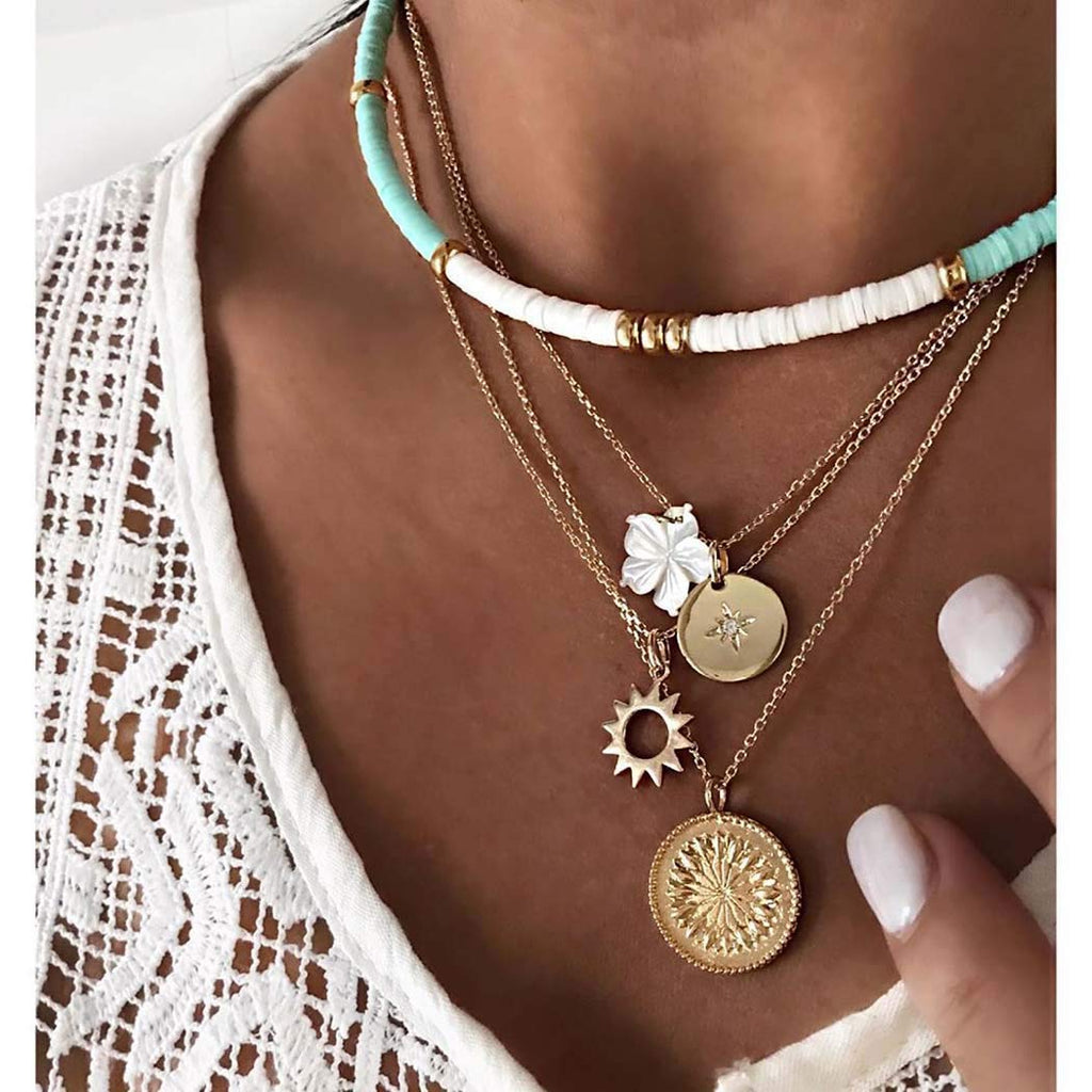 Sakytal Boho Layered Necklace Gold Coin Pendant Necklaces Handmade Flower Necklace Chain Jewelry Dainty Accessory for Women and Girls - BeesActive Australia