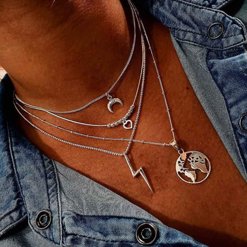 Sakytal Vintage Layered Necklace Silver Lightning Bolt Pendant Necklaces Moon Map Necklace Chain Jewelry Dainty Accessory for Women and Girls - BeesActive Australia