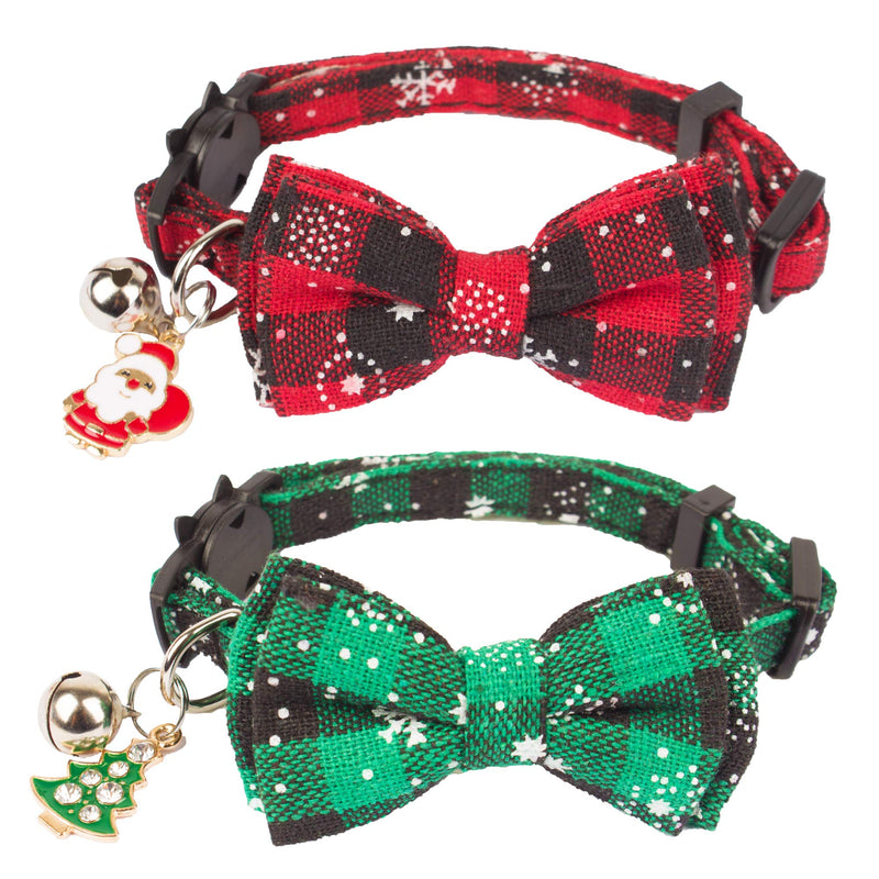 ADOGGYGO Christmas Cat Collar Breakaway with Cute Bow Tie Bell - 2 Pack Kitten Collar Red Green Plaid Pattern Xmas Kitten Collar with Removable Bowtie Cat Bow tie Collar for Kitten Cat (Red&Green-1) - BeesActive Australia