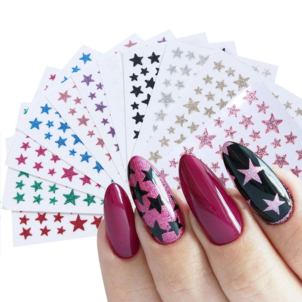 Star Nail Art Stickers Decals Nail Art Supplies 3D Matte Self-Adhesive Nail Slider Stars Stickers Glitter Shiny Decoration Decal DIY Transfer Adhesive Colorful Nail Art Tips Manicure 10 Sheets - BeesActive Australia