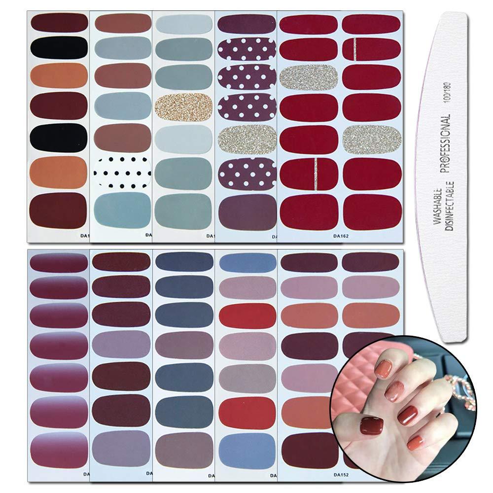 WOKOTO 10 Sheets Solid Color Nail Polish Stickers Strips Set With 1Pc Nail File Nail Art Decals Tips Manicure Accessories KIT2 - BeesActive Australia