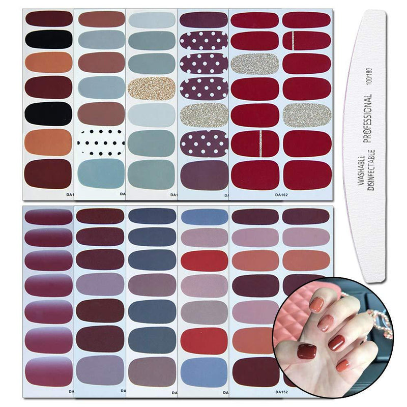 WOKOTO 10 Sheets Solid Color Nail Polish Stickers Strips Set With 1Pc Nail File Nail Art Decals Tips Manicure Accessories KIT2 - BeesActive Australia