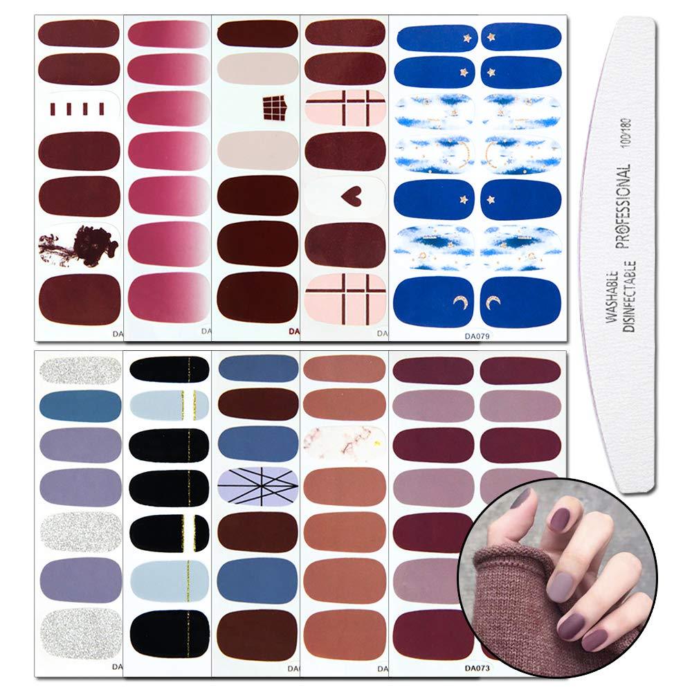 WOKOTO 10 Sheets Solid Color Adhesive Nail Polish Stickers Strips With 1Pc Nail File Full Wraps Nail Art Decals Manicure Accessories KIT2 - BeesActive Australia