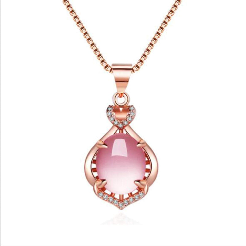 Rose Quartz Pendant Necklace Pink Crystal Teardrop Chain Natural Gemstone Healing Chakra Opal Stone Jewelry for Women Girls (Rose Gold A) - BeesActive Australia
