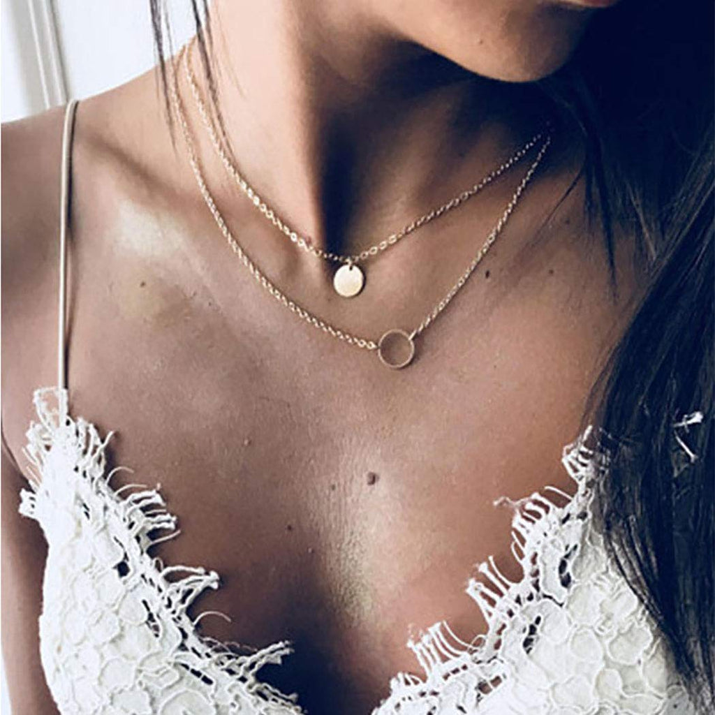 Funyrich Boho Layering Necklace Gold Sequins Pendant Necklaces Chain Coin Pendant Necklace Jewelry for Women and Girls (Gold) - BeesActive Australia