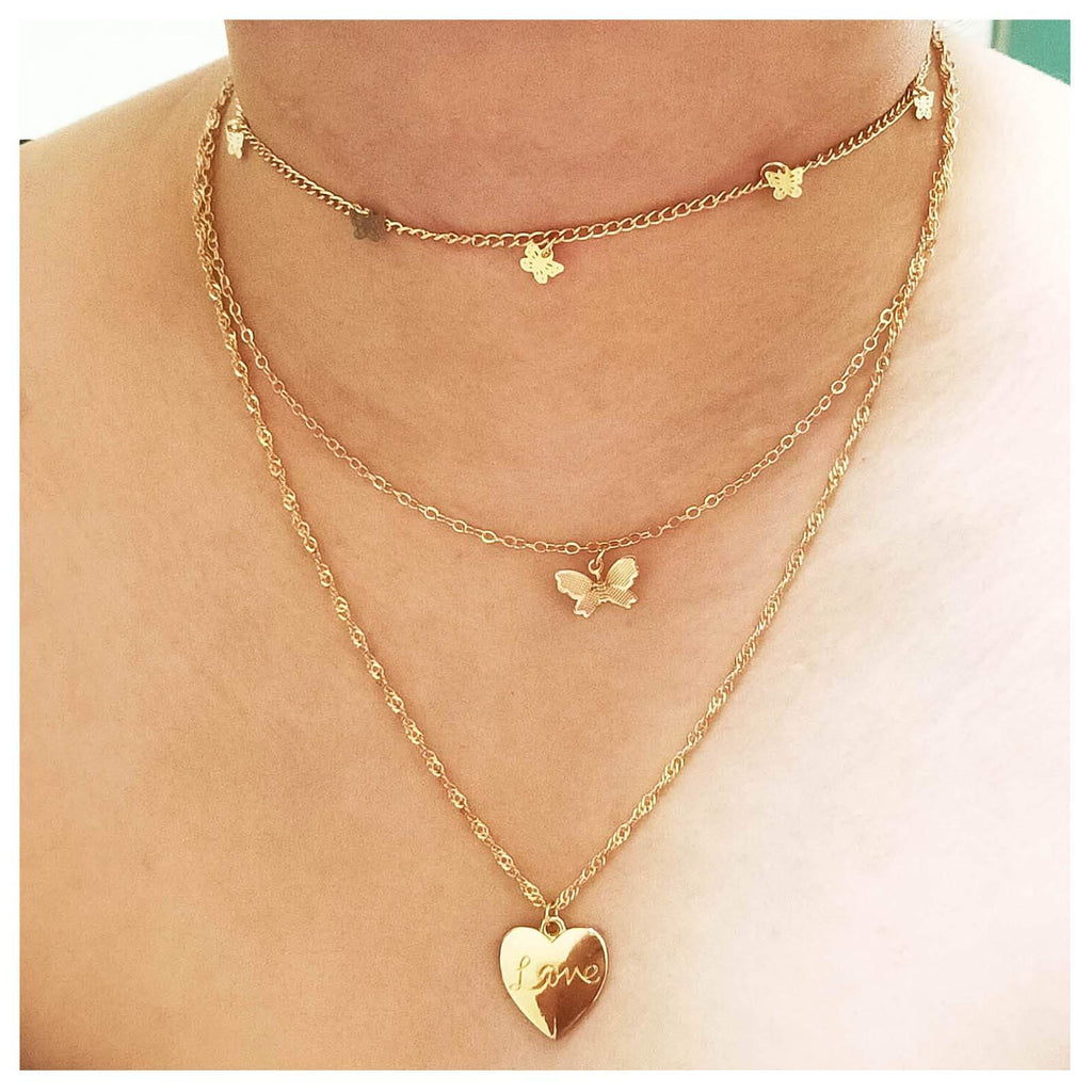 Butterfly Heart Pendant Necklace Crystal Star Circle Mutilayer Chain Gold Plated Jewelry for Women Girls (Gold C) Gold C - BeesActive Australia