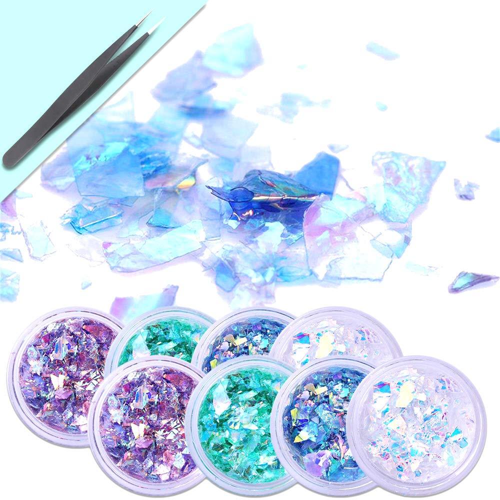 8 Boxes Holographic Nail Art Sequins Chunky Glitter Fluorescent Glass Paper Iridescent Flakes Sticker Mermaid Nail Decoration 3D Acrylic Paillettes Manicure Accessories - BeesActive Australia