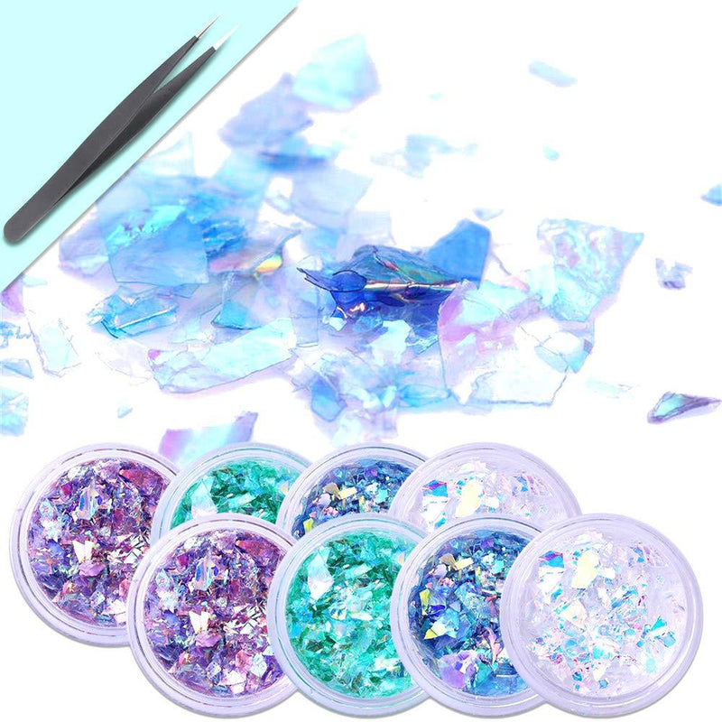 8 Boxes Holographic Nail Art Sequins Chunky Glitter Fluorescent Glass Paper Iridescent Flakes Sticker Mermaid Nail Decoration 3D Acrylic Paillettes Manicure Accessories - BeesActive Australia