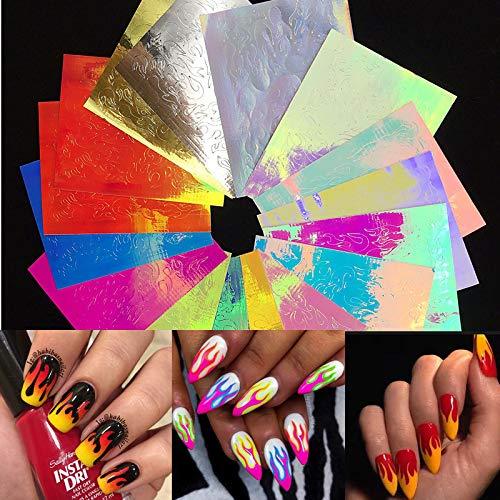 Nail Holographic Stickers for Women 16 PCS Self-adhesive Nail Art Decals Fire Flame Nail Foil Design Decoration Accessories DIY Nail applique for Women Girls Beauty - BeesActive Australia