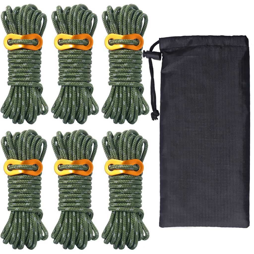 6 Pack 4mm Outdoor Guy Lines Tent Cords Lightweight Camping Rope with Aluminum Guylines Adjuster Tensioner Pouch for Tent Tarp, Canopy Shelter, Camping, Hiking, Backpacking Army green - BeesActive Australia