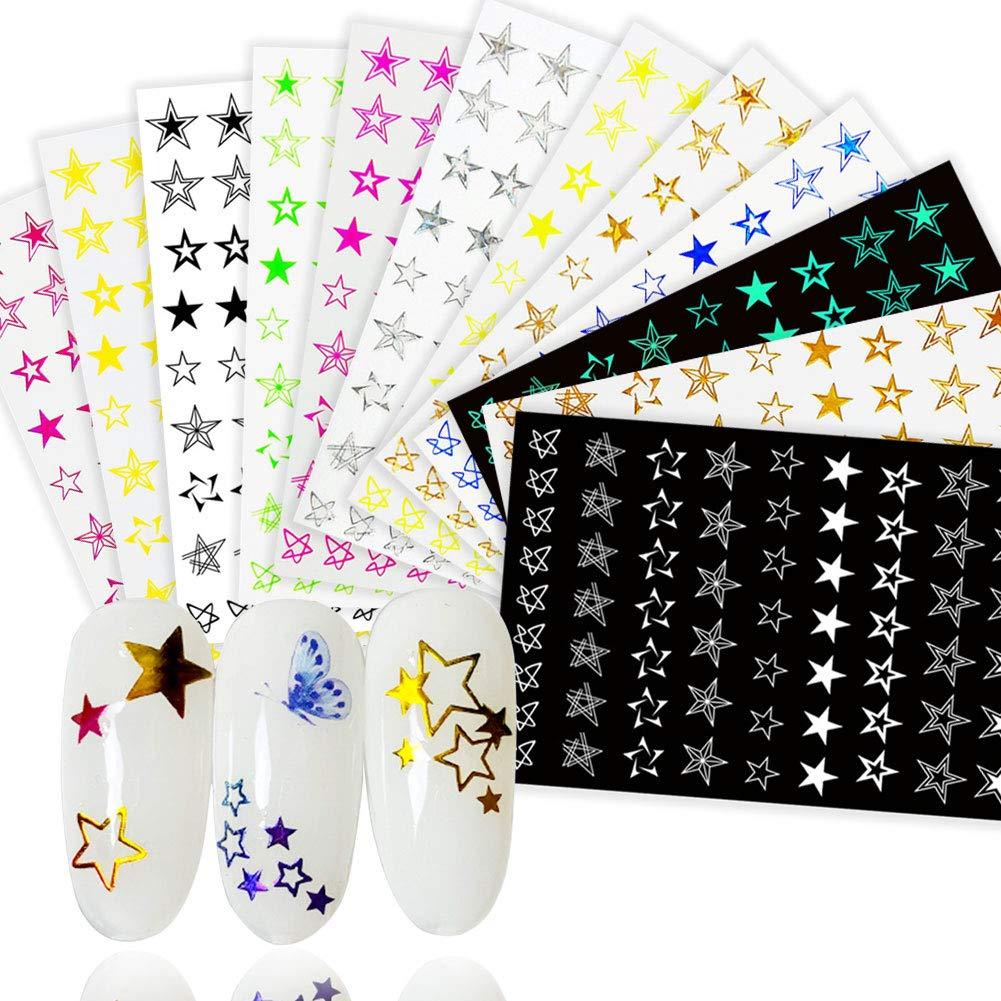 Star Nail Art Stickers Decals Nail Art Supplies 3D Self-Adhesive Firot Fluorescence Holographic LaserStar Nail Art Sticker Five-pointed Star Foil Paper for Nails Design Manicure 12 Sheets - BeesActive Australia