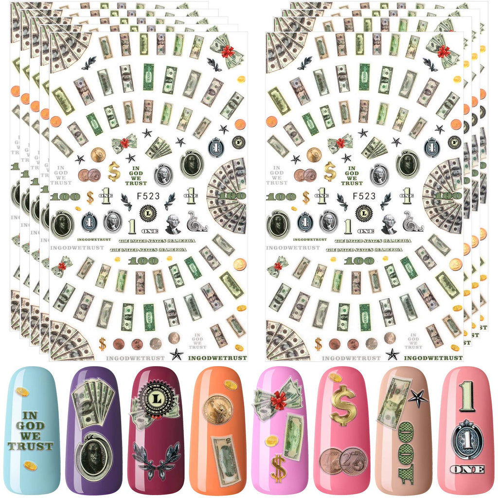 PAGOW 9 Sheets Money Dollar Nail Art Stickers, Wealthy Rich Style Nail Design Self-Adhesive Nail Decals Nail Art Decoration Supply for Women Girls - BeesActive Australia