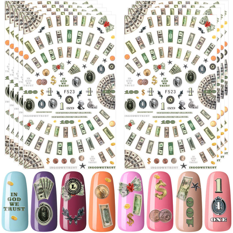 PAGOW 9 Sheets Money Dollar Nail Art Stickers, Wealthy Rich Style Nail Design Self-Adhesive Nail Decals Nail Art Decoration Supply for Women Girls - BeesActive Australia