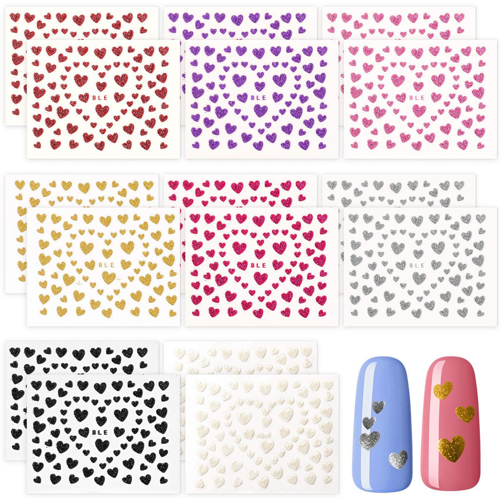 PAGOW 16 Sheets Heart Nail Art Stickers, 8 Color Love Heart Nail Decals Self-Adhesive Nail Stickers Fingernail Decoration for Women Girls - BeesActive Australia