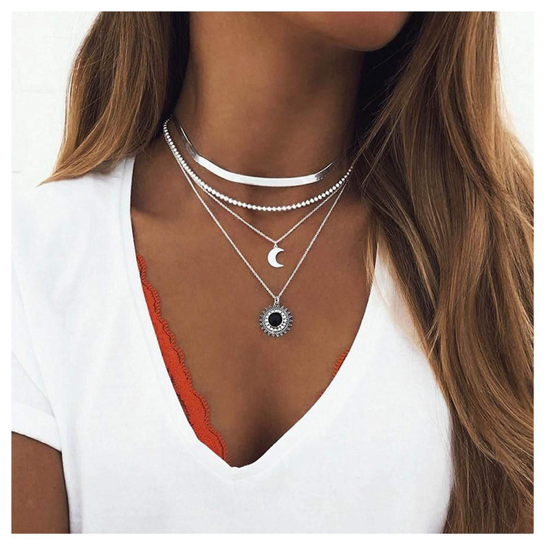 Moon Sun Tree Pendant Necklace Boho Crystal Star Crescent Tassels Necklace Chain Jewelry Silver Plated for Women Girls (Silver A) Silver A - BeesActive Australia