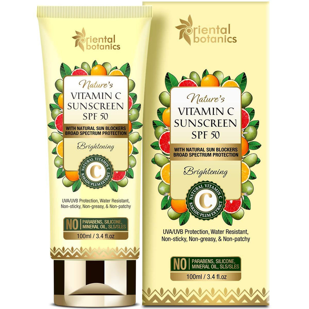 Oriental Botanics Nature's Vitamin C Brightening Sunscreen SPF 50 With Natural Sun Blockers - UVA/UVB Protection, Water Resistant - No Silicone,100ml - BeesActive Australia