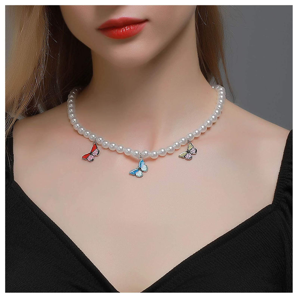 Butterfly Faux Pearl Strands Pendant Necklace Artificial Pearl Beads Papillon Chain Jewelry Silver Plated for Women Girls - BeesActive Australia