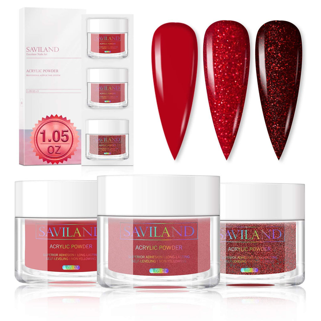 Saviland Acrylic Powder Set - Glitter Red Acrylic Nail Powder Professional Polymer Powder System for Nail Extension and DIY 3D Manicure at Home Salon - BeesActive Australia