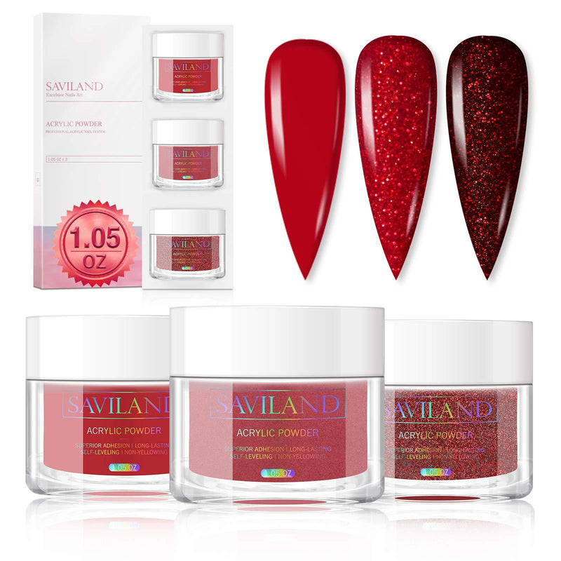 Saviland Acrylic Powder Set - Glitter Red Acrylic Nail Powder Professional Polymer Powder System for Nail Extension and DIY 3D Manicure at Home Salon - BeesActive Australia