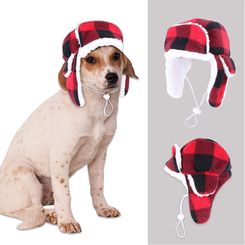 SEIS Christmas Dog Hat with Earmuffs Winter Adjustable Pet Red Plaid Pet Cap Xmas Dog Headwear for Small Medium Large Dogs Free Size - BeesActive Australia
